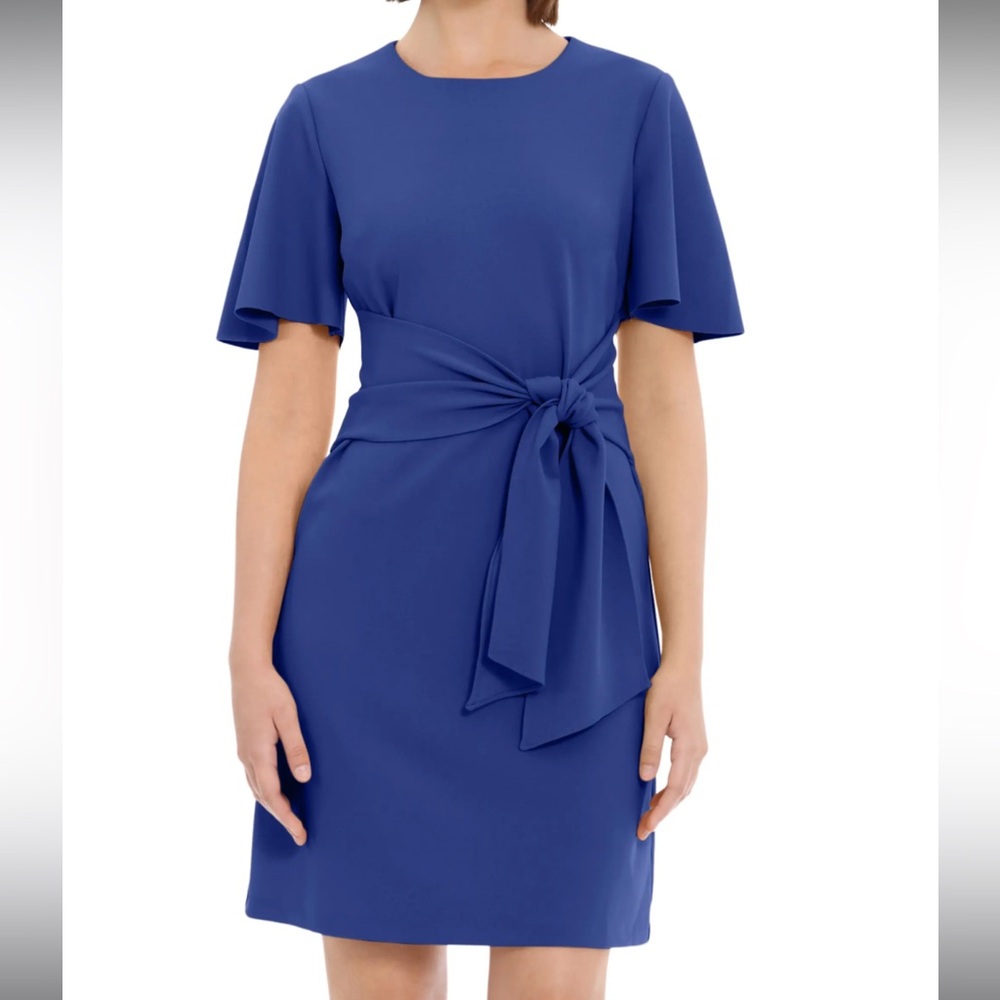 Blue Tie Waist Flutter Sleeve Dress
